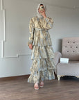 Flora Katlı Fırfırlı Şifon Elbise